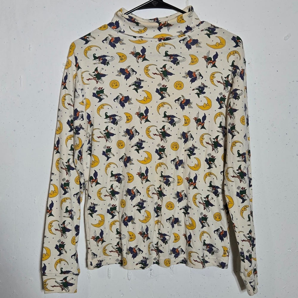 Vintage Halloween Mock Neck Top Small 90s Retro Witch Moon Kitsch Holiday Print